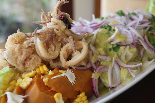 Peruvian street-style ceviche with lenguado and crispy fried calamari