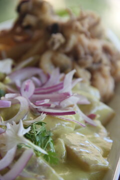 Peruvian street-style ceviche with lenguado and crispy fried calamari
