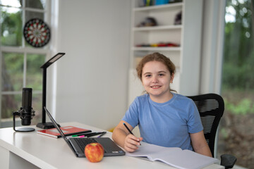 Child learning at home with laptop and books. Kid studying in a cozy home classroom. Kid with homework. Online lessons. Education concept. Child tutoring at home. Boy doing schoolwork in kids room.