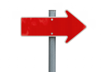 Red directional sign on a metal pole arrow isolated isolated on a transparent background