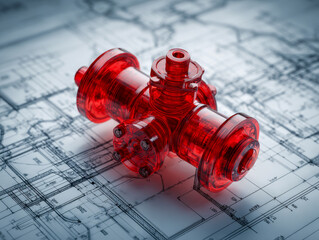 Transparent red mechanical component model placed on detailed architectural blueprints representing engineering design and technical planning concepts
