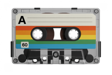 Cassette tape with rainbow label music retro 60 minutes isolated on a transparent background