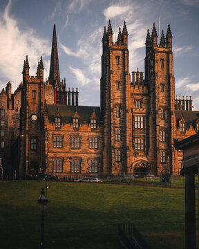 Edinburgh, Scotland - May 14, 2025: Old College of the University of Edinburgh photographed in spring, showing historic architecture and everyday activity in the city.