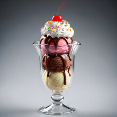 Delicious ice cream sundae with whipped cream and cherry