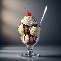 Delicious ice cream sundae with whipped cream and cherry