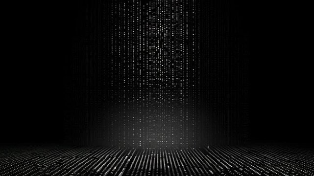 Futuristic digital rain effect with a low-angle view, creating a matrix-like atmosphere. Ideal for tech-themed video backgrounds. Live desktop wallpaper.