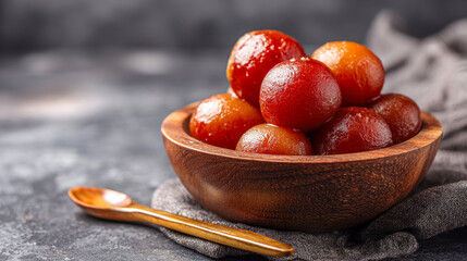 Traditional brown wooden bowl filled with shiny syrup-coated golden-brown dessert balls resting on a soft grey cloth with a matching spoon on textured surface