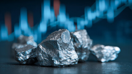 Shiny metallic ore pieces placed on a surface with a blurred stock market chart in the background representing mining investments and market trends