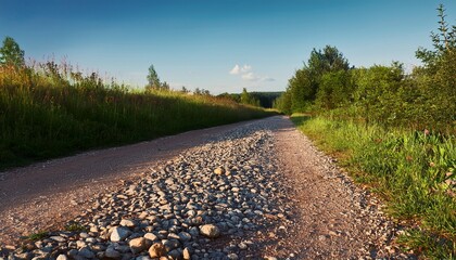 Rural Gravel Road With Scattered Stones And Green Vegetation On The Roadside In Summer Sunlight