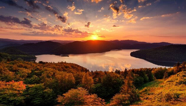 Beautiful Sunset Over Solina Lake In Bieszczady Mountains