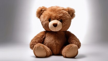 Obraz premium Plush Toy Teddy Bear In Brown Fur Sitting Upright Captured With Rf 50Mm Lens Detailed Soft Texture And Neutral Lighting On White