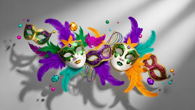 Cena conceitual de carnaval com m&aacute;scaras, penas e cores vibrantes em fundo neutro