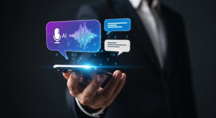 Ai voice assistant and messaging on smartphone held by business professional