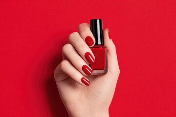 A woman s hand with long red manicured nails grips a nail polish bottle