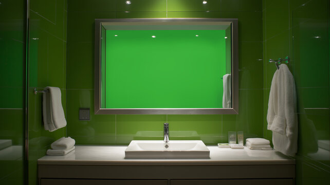 A bathroom mirror with a green screen for advertising purposes.