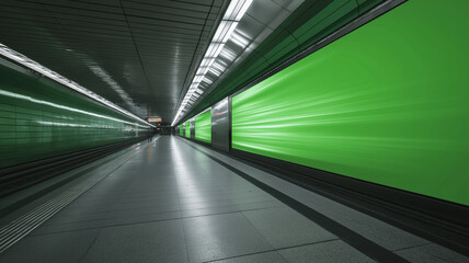 A green screen wall is set up within a subway tunnel.