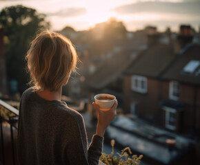 A coffee cup is held on a balcony with the sunrise in the background.