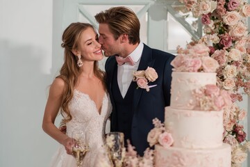Bride and groom with lovely cake adorned with pink roses