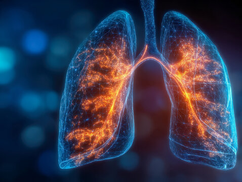 Digital illustration of human lungs with illuminated bronchial tubes and network-like structure demonstrating respiratory anatomy and airflow pathways