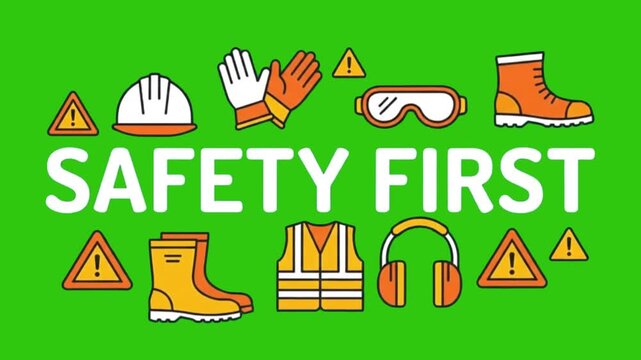 Safety First text with construction PPE icons animation like helmet, gloves, and boots appearing on green screen background