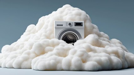 Washing machine emerging from a thick mound of white foam, showcasing the gradual reveal of the appliance amidst a playful and bubbly environment, emphasizing the unique visual of laundry action