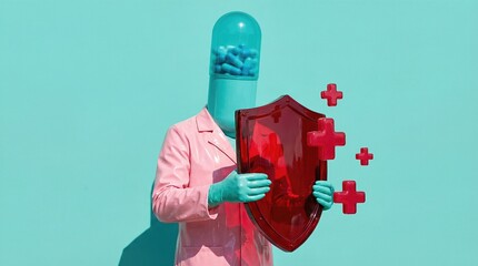 Surreal figure with pill capsule head holding red shield and floating crosses