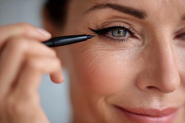 Woman applying eyeliner close-up