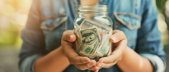 Hands holding a glass jar filled with cash banknotes, representing savings, financial security, budgeting and personal money management concept with soft light and neutral background.