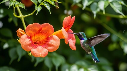 Obraz premium A hummingbird in mid-air, sipping nectar from vibrant orange flowers amidst lush green foliage, captured from a close-up viewpoint.