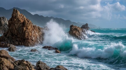 Fototapeta premium Capture a detailed image of the waves hitting the rocks at Jialeshuei s shore