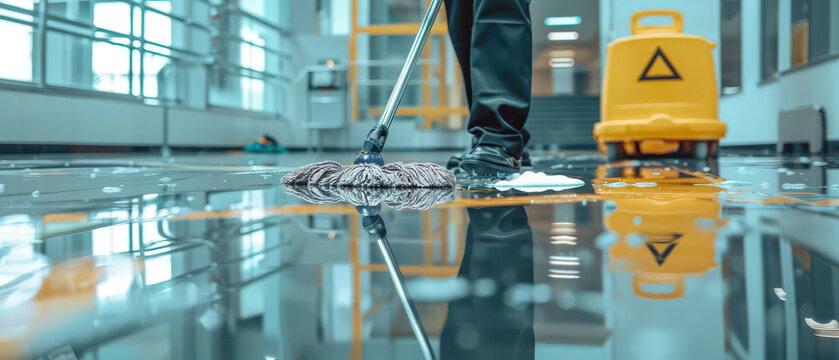 Close-up of professional cleaner mopping wet shiny floor in modern public building with warning sign in background, hygiene, sanitation, safety and maintenance service concept.