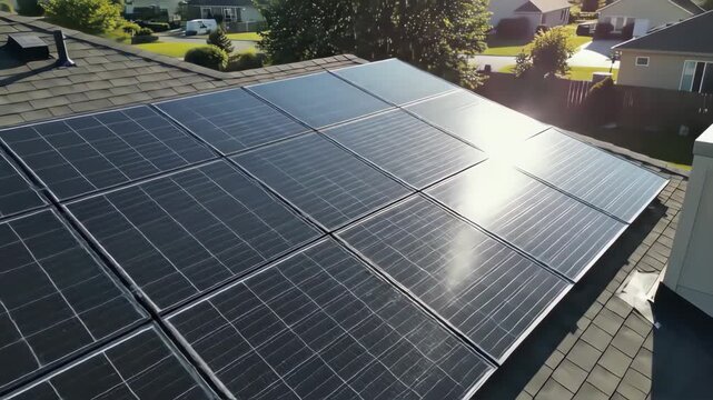 Cinematic close up of photovoltaic solar panels on residential roof