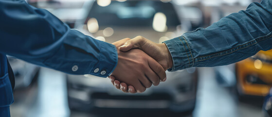 Close-up of professional handshake between car mechanic and client inside auto service workshop, trust, agreement, customer service and automotive repair or buy concept.