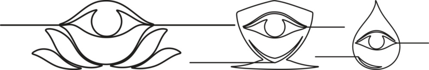 Abstract single stroke line modern illustration of a set featuring lotus, shield, and drop eyes