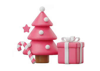 Pink Christmas tree and gift box isolated on a transparent background
