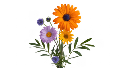 Colorful Flowers with Green Leaves purple orange yellow isolated on a transparent background