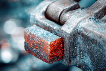 Rusted lower metal bar with rough texture and corroded surface in close up view creates strong metaphor for aging and back pain in industrial environments