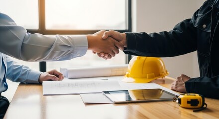Construction business agreement: engineers handshake over project plans