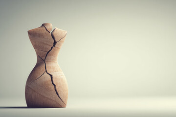 Cracked wooden mannequin torso stands on lower back pain metaphor, symbolizing fragility and vulnerability with soft neutral background and emotional expression
