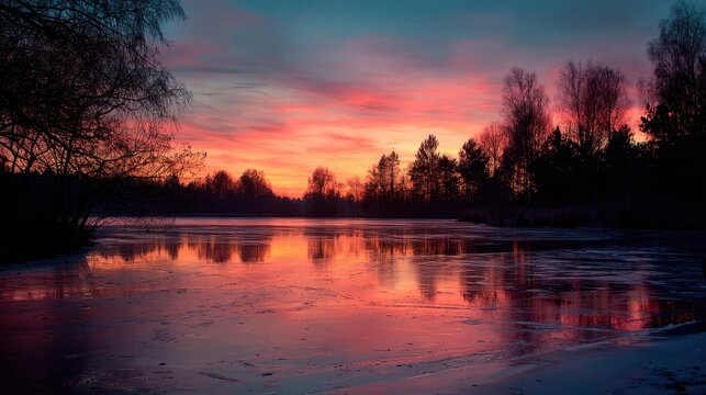 Cold season dusk above icy lake in Poland