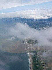 Aerial View of a River Mouth Flowing into the Pacific Ocean Near Sendai, Japan