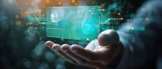 A transparent digital payment card floats above an open hand with glowing data lines and futuristic light effects, symbolizing finance technology, online transactions and secure modern banking.