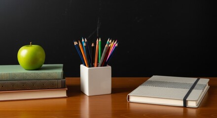Education and school supplies concept: books, green apple, pencils, and notebook on wooden desk with blackboard background