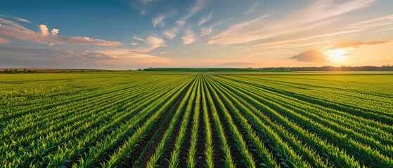 Wide agricultural field with long straight rows of green crops under sunrise sky. Concept of farming, agriculture, sustainability, food production and rural landscape.