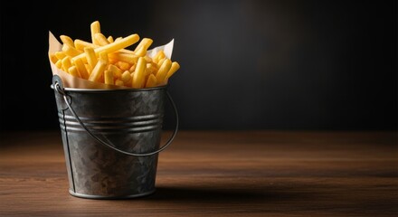 Crispy golden french fries in metal bucket on wooden table with copy space