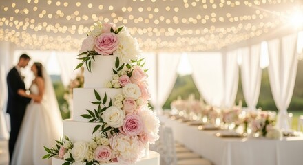 Elegant wedding cake with roses, blurred couple and romantic reception setting