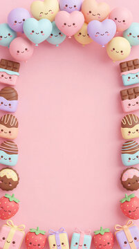 Colorful array of cute smiling heart and dessert themed toys arranged in a border against a soft pink background for playful decoration or children's themes