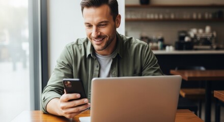 Smiling man using smartphone and laptop in modern cafe