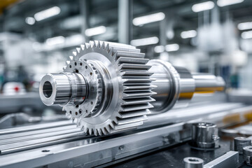 Fototapeta premium Precision-engineered steel gear shaft component on a manufacturing machine in an industrial factory setting showcasing advanced metalworking technology and craftsman