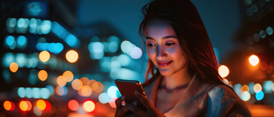 Young woman checking smartphone at night on a city street with colorful bokeh lights. Mobile communication, digital lifestyle, urban technology and modern evening connectivity concept.